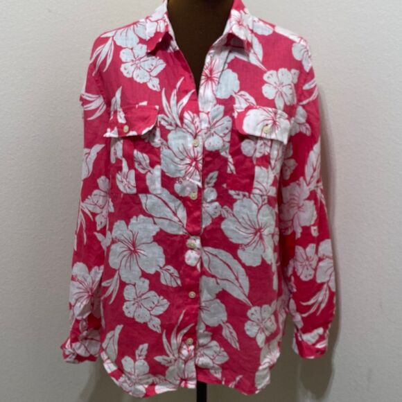 Tommy Bahama Womens Size Medium Floral Linen Button Up Roll Sleeve Top - Picture 1 of 9